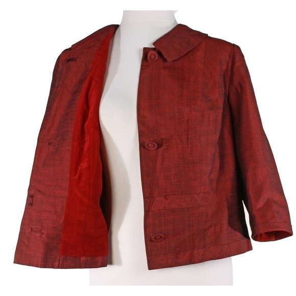 Vintage 50s Red Silk Sharkskin Boxy Jacket Hong Kong Hallmark Tag Sz L - Hey Viv - Picture 5 of 7